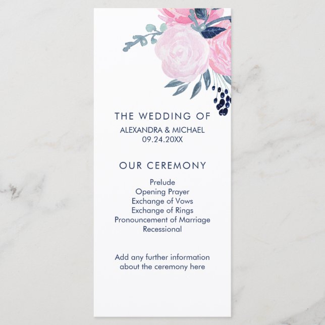 Modern Blush Pink and Navy Floral Wedding Program Programme (Front)