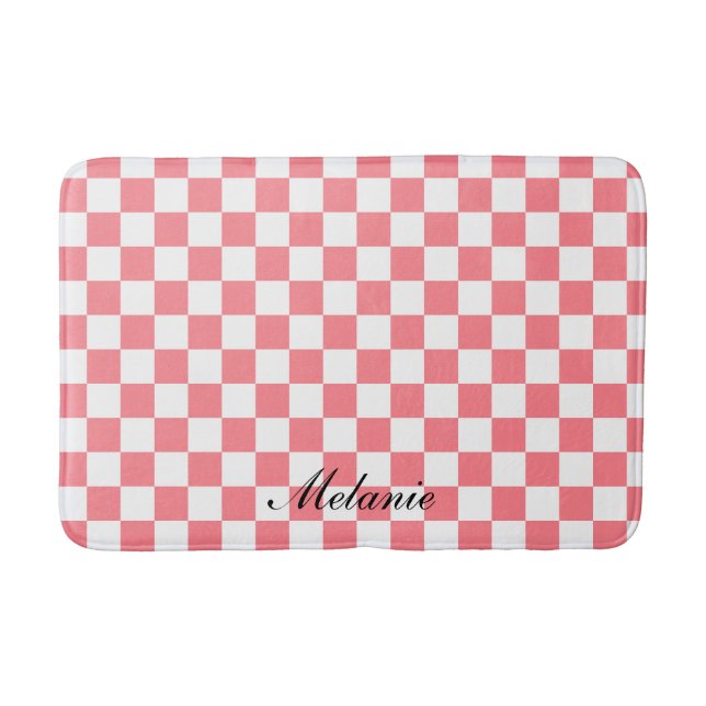Modern Blush Pink and White Chequered Bath Mat (Front)