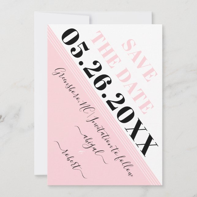 Modern blush pink and white diagonal stripes save the date (Front)