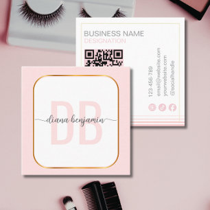 Modern blush pink and white Gold monogram Qr Code Square Business Card
