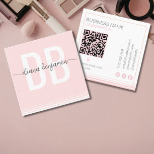 Modern blush pink and white monogram Qr Code Square Business Card
