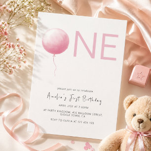 Modern Blush Pink Balloon Girl First Birthday Invitation