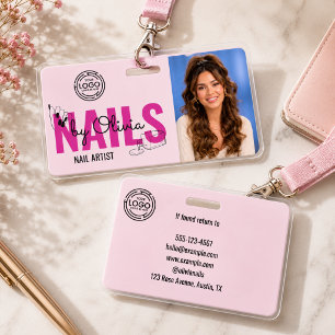 Modern Blush Pink Black Logo Photo Nail Salon Name ID Badge