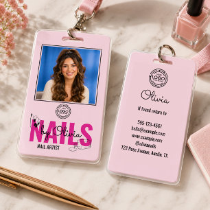 Modern Blush Pink Black Logo Photo Nail Salon Name ID Badge