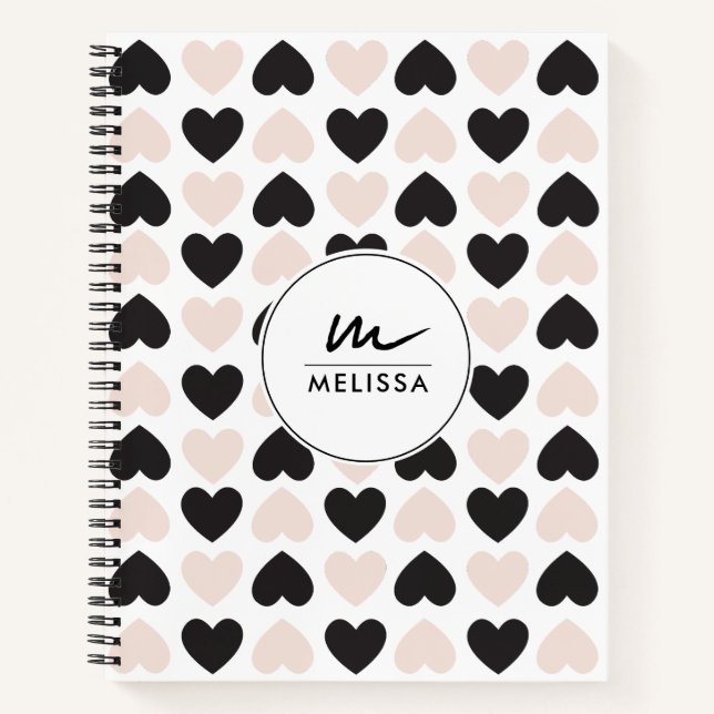 Modern Blush Pink Black Love Hearts Monogram Notebook (Front)