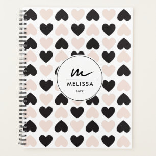 Modern Blush Pink Black Love Hearts Monogram Planner