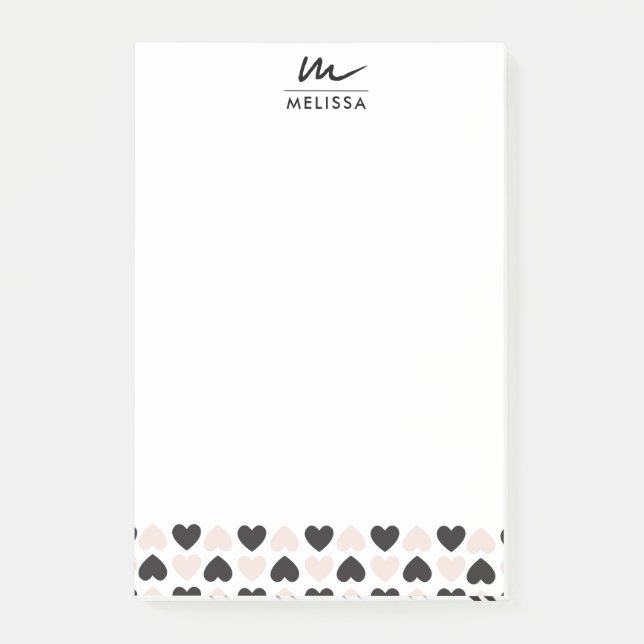 Modern Blush Pink Black Love Hearts Monogram Post-it Notes (Front)