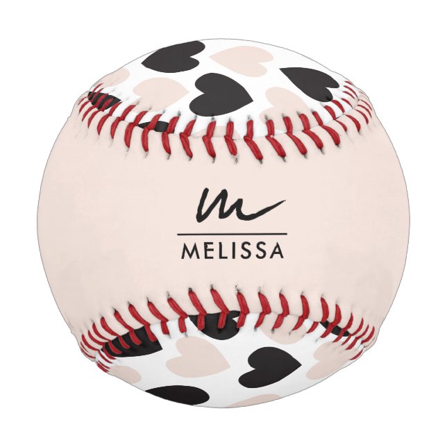 Modern Blush Pink Black Love Hearts Pattern Baseball (Back)