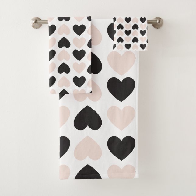 Modern Blush Pink Black Love Hearts Pattern Bath Towel Set (Insitu)