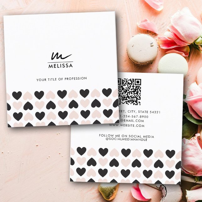 Modern Blush Pink Black Love Hearts QR Code Square Business Card (Modern Blush Pink Black Love Hearts QR Code Square Business Card)