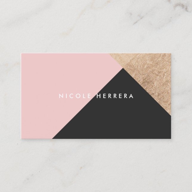 Modern blush pink black rose gold foil colour bloc business card (Front)