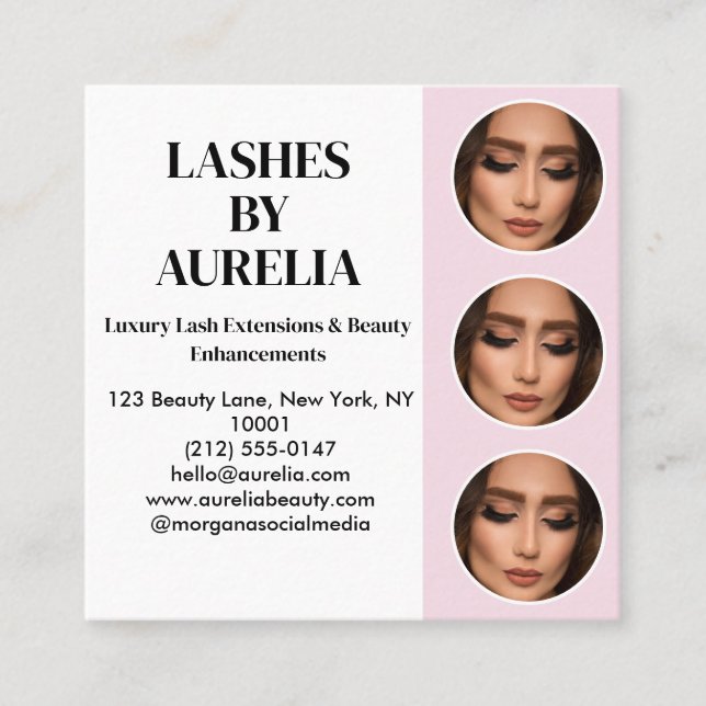 Modern Blush Pink Black Script 3 Photo Lashes Square Business Card (Front)