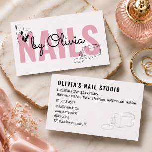 Modern Blush Pink Black Script Line-Art Nail Salon Business Card