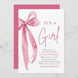 Modern Blush Pink Bow It's a Girl Baby Shower Invitation