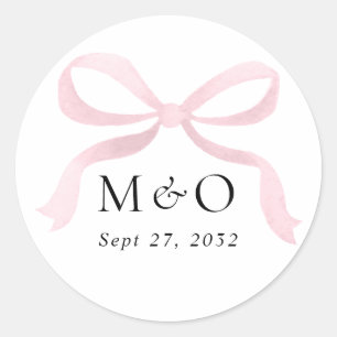 Modern Blush Pink Bow Watercolor Monogram Wedding Classic Round Sticker