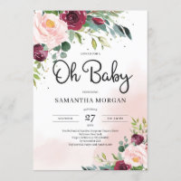 Modern blush pink burgundy floral Oh Baby shower