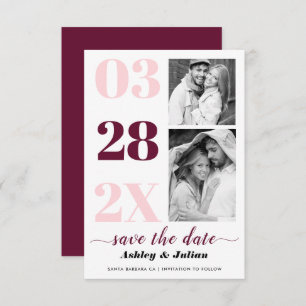 Modern blush pink, burgundy typography two photo save the date