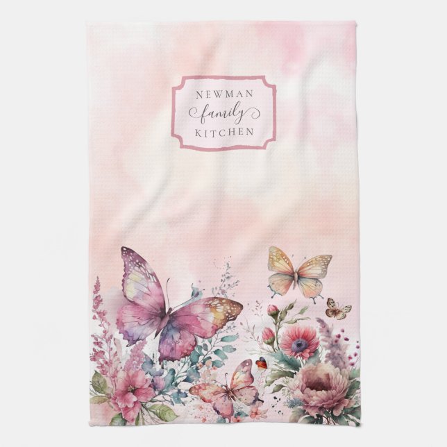 Modern Blush Pink Butterfly Wild Flower Family Tea Towel (Vertical)