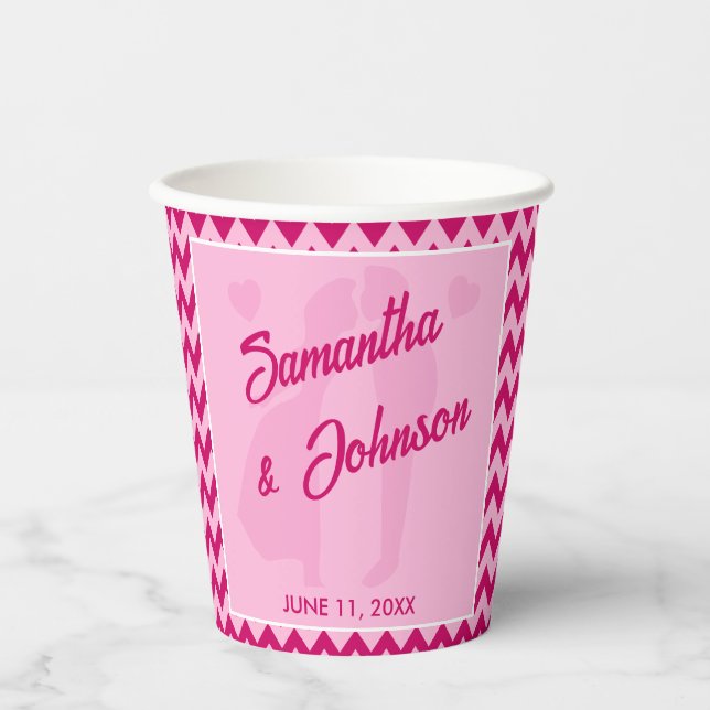 Modern Blush Pink Chevron Stripe Wedding Paper Cups (Front)