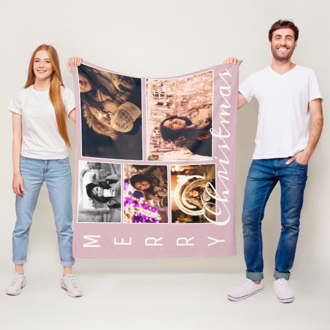 Modern Blush Pink Christmas 5 Photo Collage Fleece Blanket (In Situ)