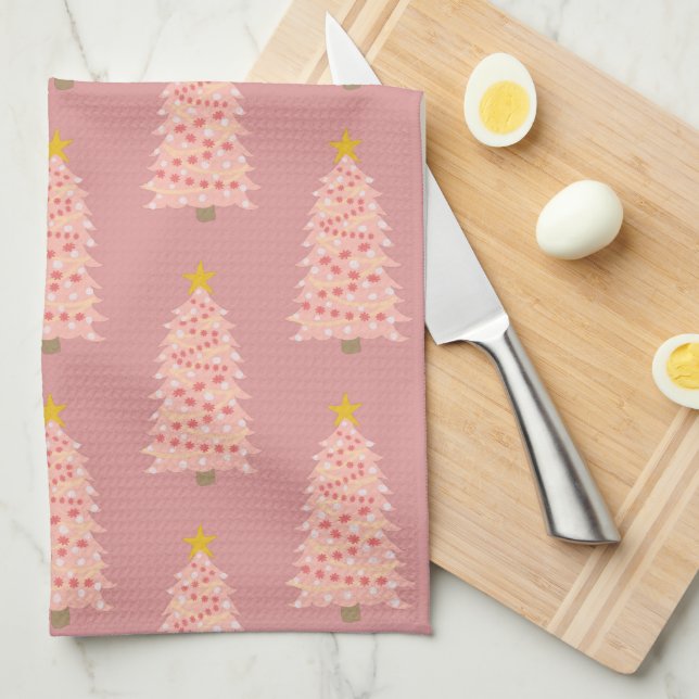 Modern Blush Pink Christmas Tree on Mauve Holiday Tea Towel (Quarter Fold)