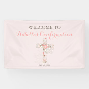 Modern blush pink confirmation floral cross name banner