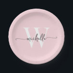 Modern Blush Pink Custom Monogram Name Script Paper Plate<br><div class="desc">Girly Modern Simple Elegant Blush Pink Monogram Initial Name Signature Script Custom Personalised Paper Plates. This design featuring your first name in a pretty hand lettered style swash tail font typography (or calligraphy) with monogram initial in black and white on blush pink. These are easy to customise it. Great for...</div>