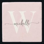 Modern Blush Pink Custom Monogram Name Script Stone Coaster<br><div class="desc">Girly Modern Elegant Blush Pink Monogram Initial Name Signature Script Custom Personalised Stone Coaster. This design featuring your first name in a pretty hand lettered style swash tail font typography (or calligraphy) with monogram initial in black and white on blush pink. These are easy to customise it. Great stylish feminine...</div>