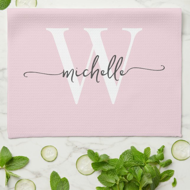 Modern Blush Pink Custom Monogram Name Script Tea Towel (Folded)