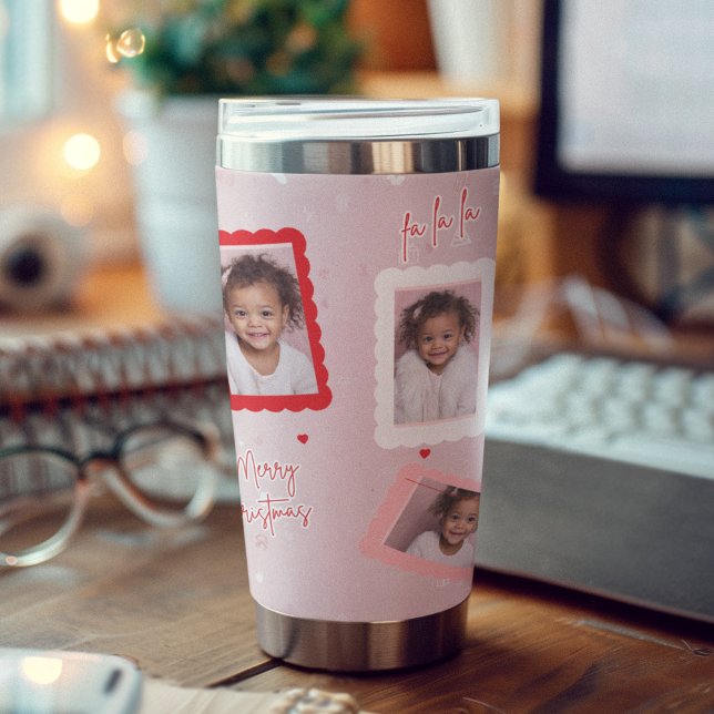 Modern Blush Pink “Fa La La” Christmas Photo  Insulated Tumbler (Creator Uploaded)