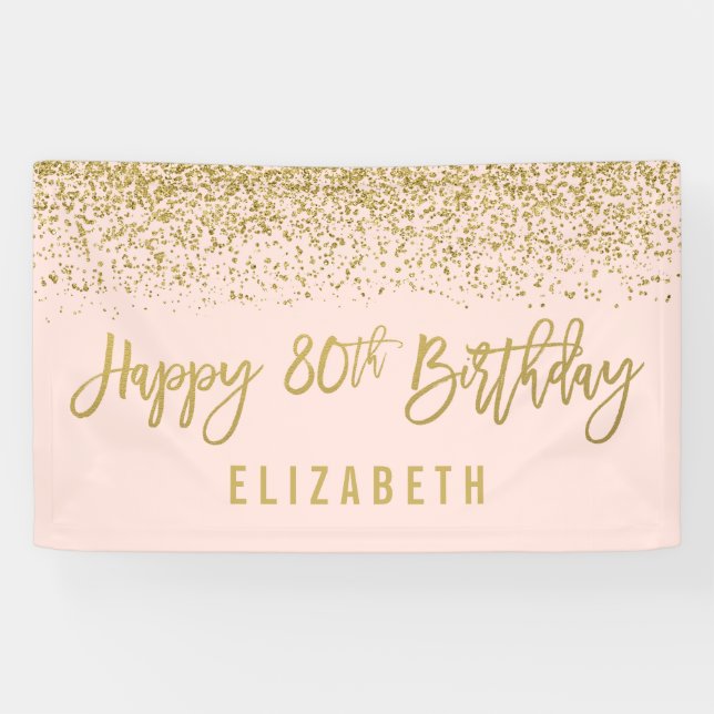 Modern Blush Pink Faux Gold Glitter 80th Birthday Banner (Horizontal)