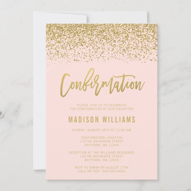 Modern Blush Pink Faux Gold Glitter Confirmation Invitation (Front)