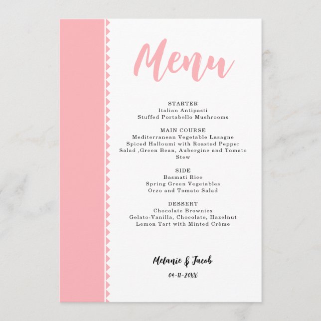 Modern Blush Pink Flat Menu Card (Front)