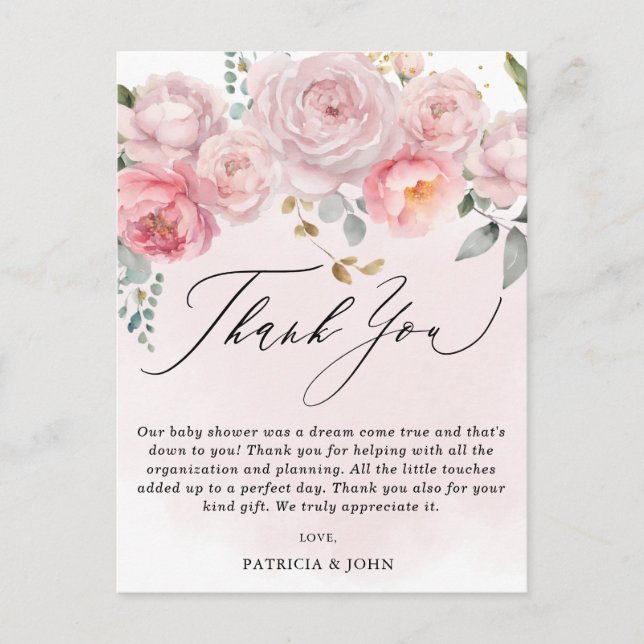 Modern Blush Pink Floral Baby Shower Thank You Postcard (Front)