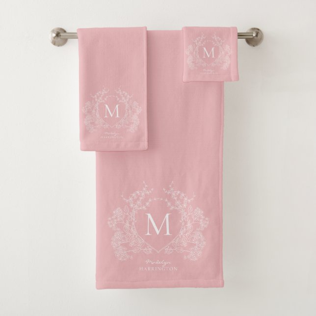 Modern Blush Pink Floral Crest Monogram Bath Towel Set (Insitu)