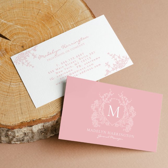 Modern Blush Pink Floral Crest Monogram Business Card (Creator Uploaded)