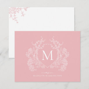 Modern Blush Pink Floral Crest Monogram Card