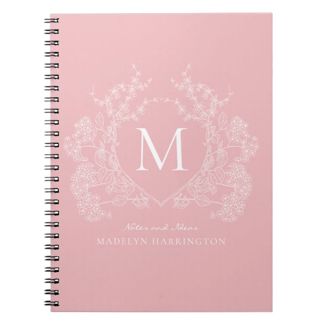 Modern Blush Pink Floral Crest Monogram Notebook (Front)