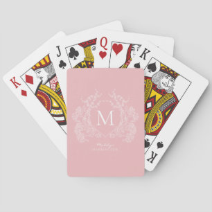 Modern Blush Pink Floral Crest Monogram Playing Cards