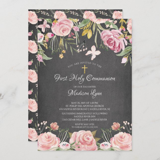 Modern Blush Pink Floral First Holy Communion Invitation (Front/Back)