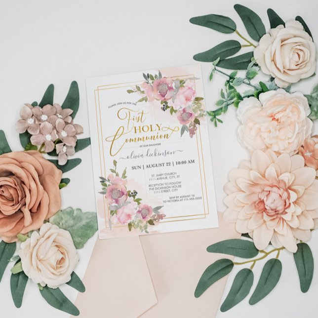 Modern Blush Pink Floral Flowers First Communion Invitation (Creator Uploaded)