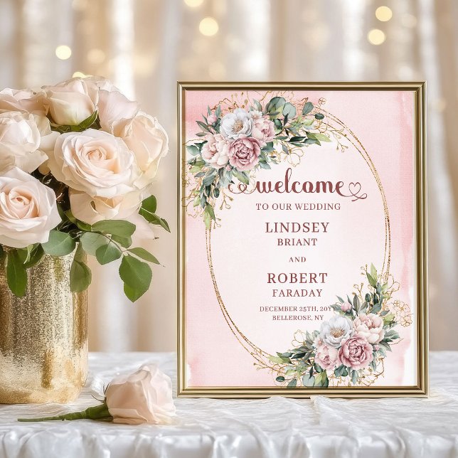 Modern Blush Pink Floral Gold Glitter Welcome Poster (Modern Blush Pink Floral Gold Glitter Welcome)