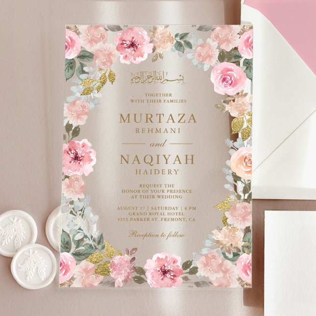 Modern Blush Pink Floral Islamic Muslim Wedding Acrylic Invitations (Creator Uploaded)
