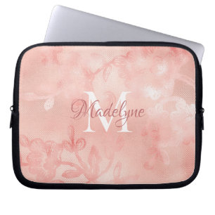 Modern Blush Pink Floral Lace Shimmer Monogram Laptop Sleeve