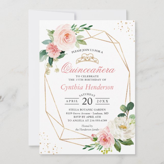 Modern Blush Pink Floral Quinceañera 15th Birthday Invitation (Front)