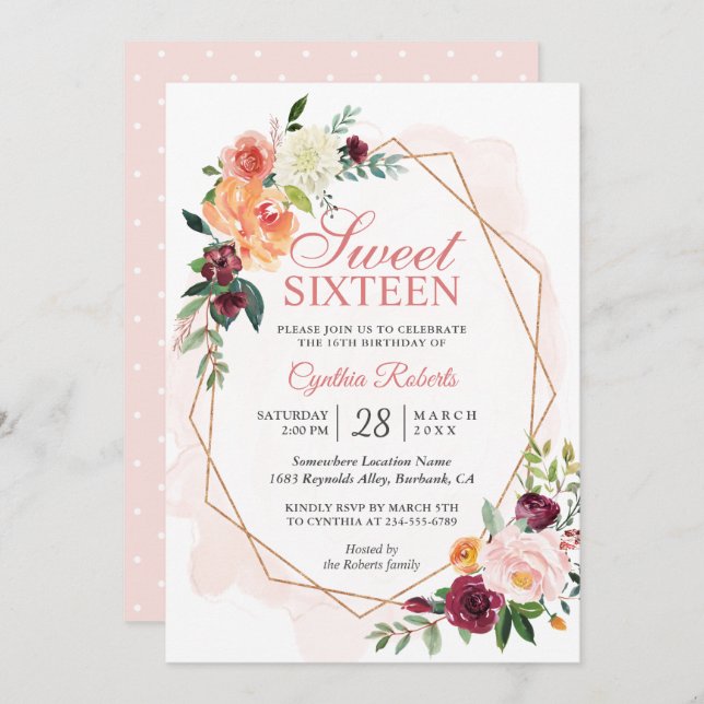 Modern Blush Pink Floral Sweet 16 Birthday Party Invitation (Front/Back)