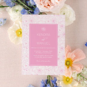 Modern Blush Pink Floral Toile Wedding Invitation