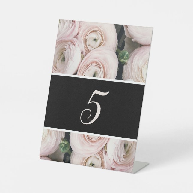 Modern blush pink floral wedding table number pedestal sign (Front)