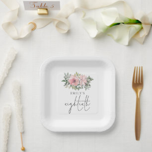 Modern Blush Pink Florals 80th Birthday Party Paper Plate