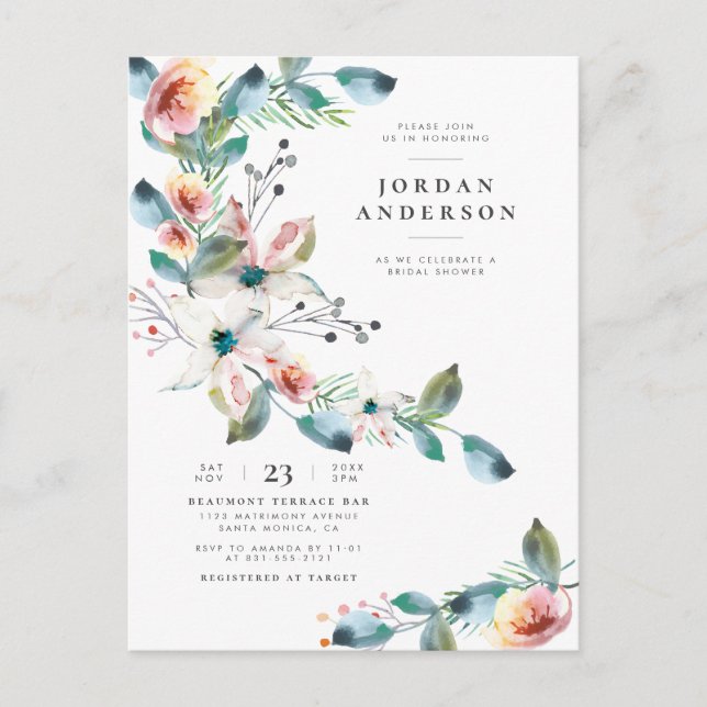 Modern Blush Pink Flowers | Elegant Bridal Shower Invitation Postcard (Front)